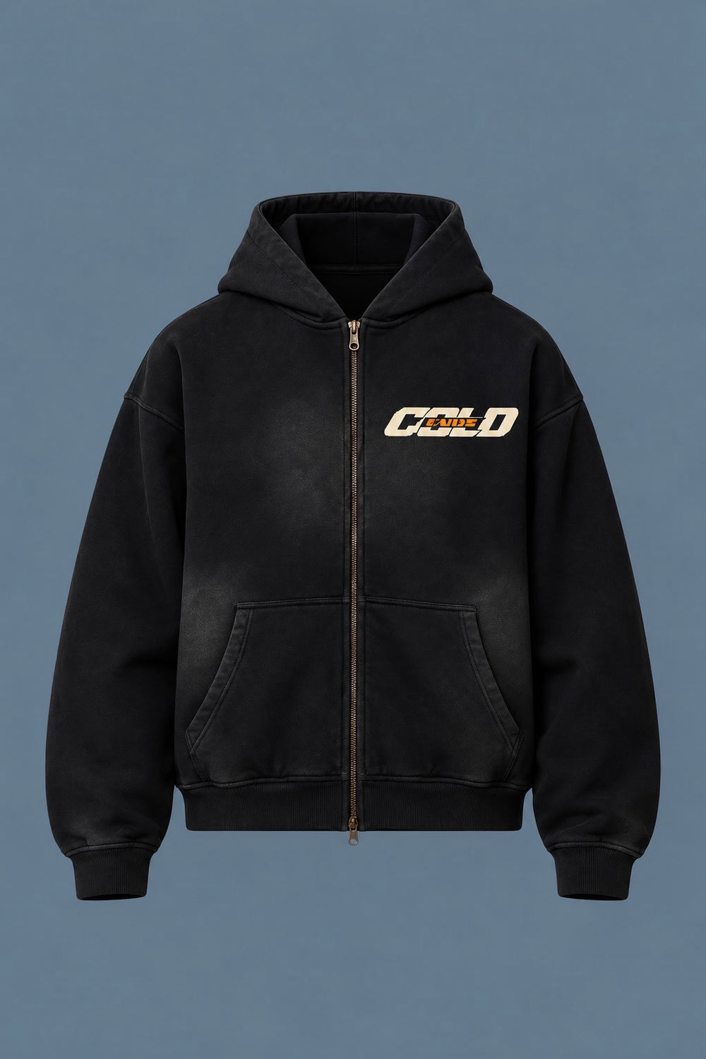 Studio illustration of a faded-black zip hoodie