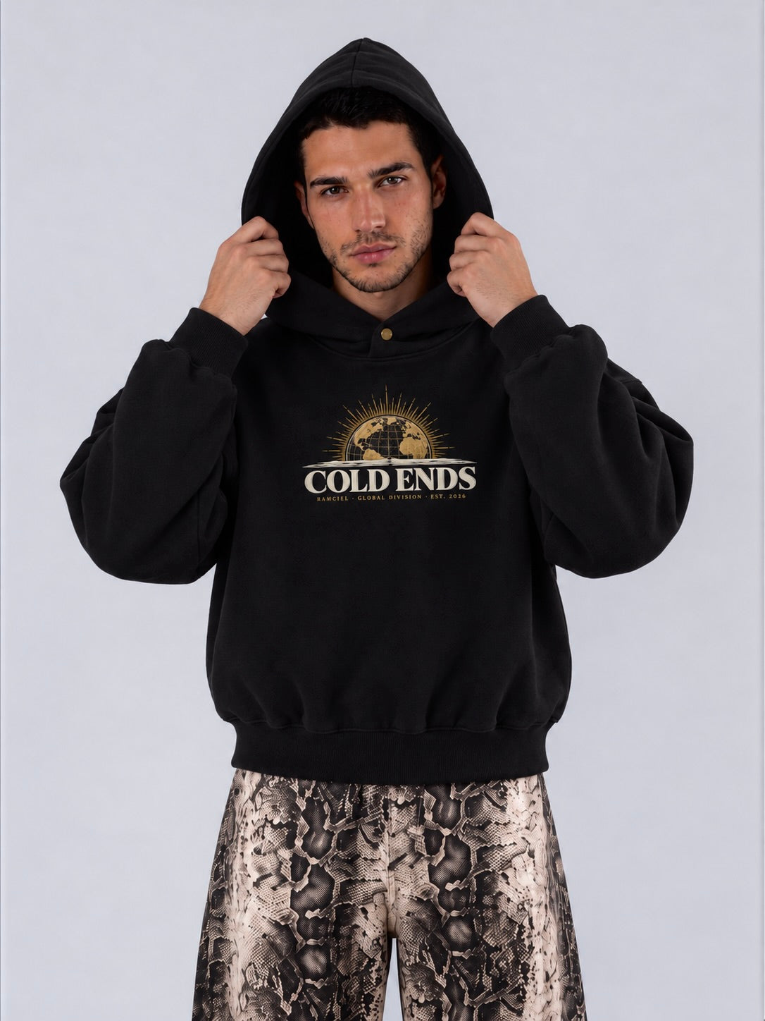 Model wearing a COLD ENDS hoodie
